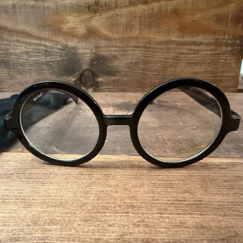Black Round Oversized Costume Glasses Clear Lens UV400 9525C With Pouch NEW